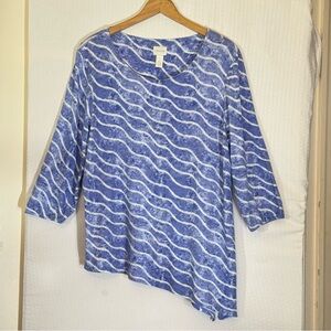 Chico’s Asymmetrical Tunic Blue White Wavy Print Size 3 XL Travel Coastal